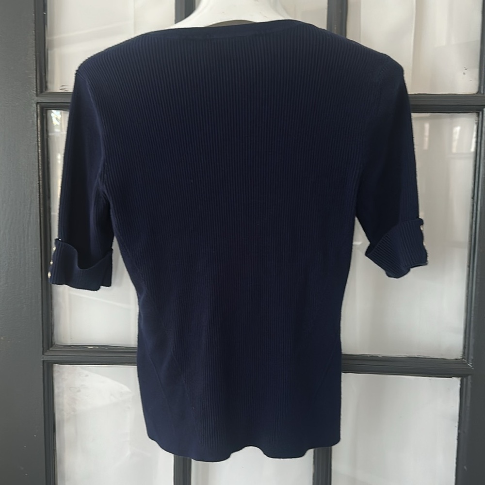 WHBM navy knit ribbed short sleeve crewneck sweater (M) - Picture 4 of 4